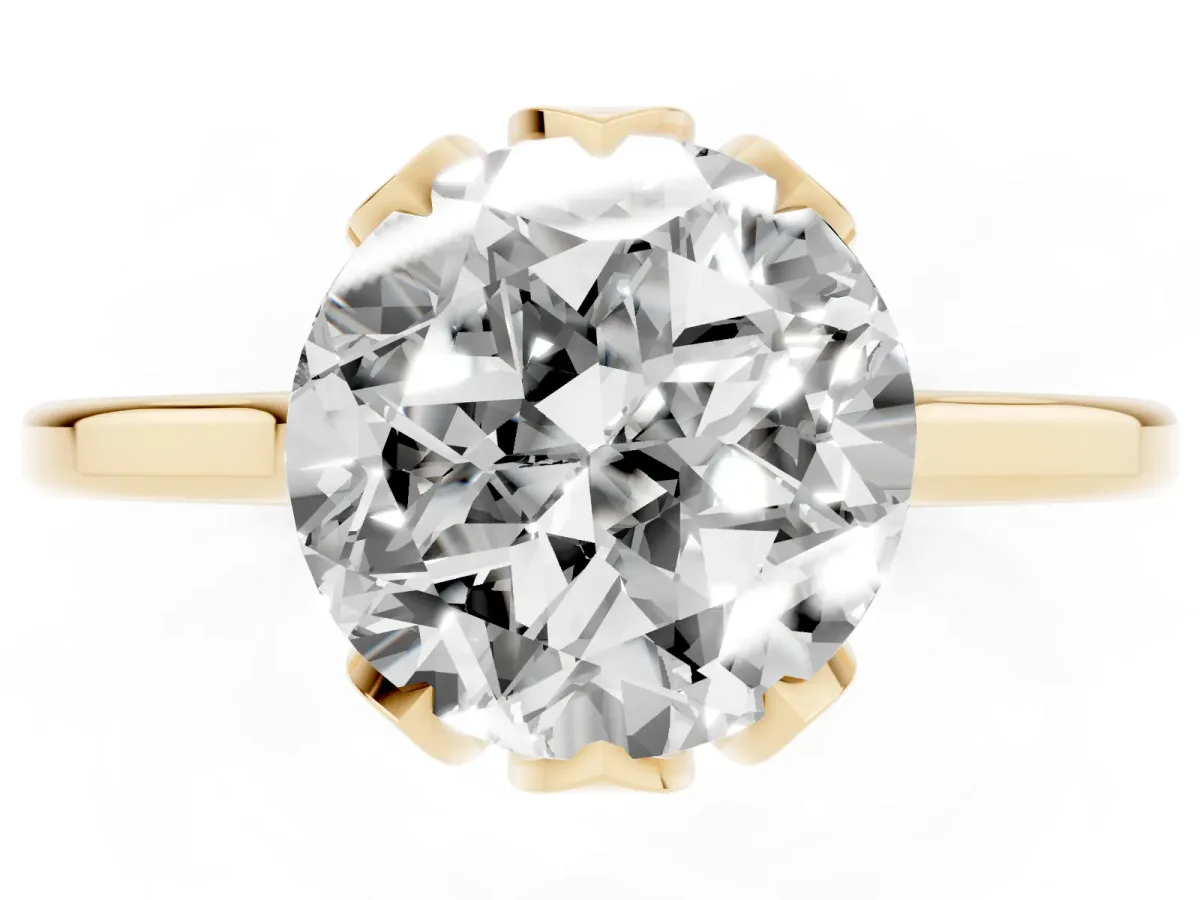 Round Cut Diamond Solitaire Ring with Flower Prong Setting and Classic Band Yellow gold
