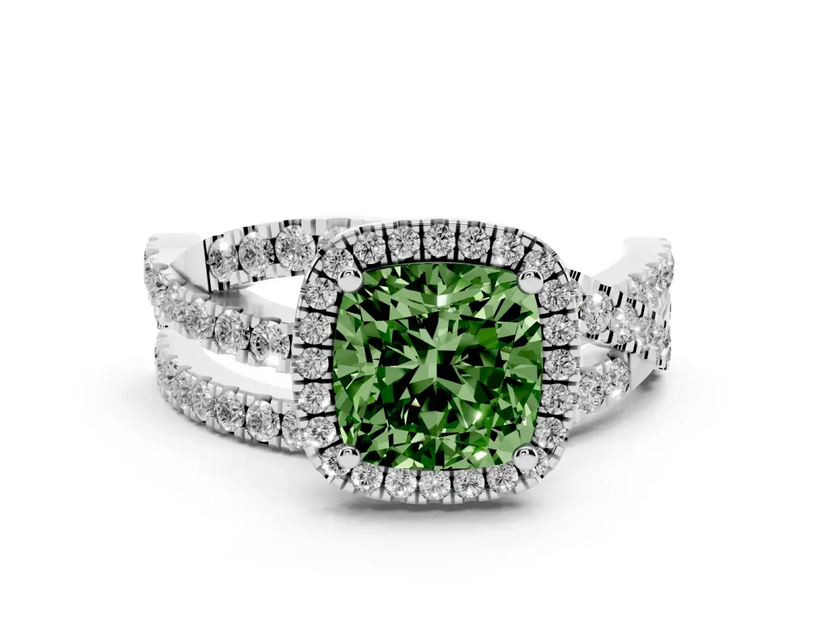 Fancy Green Cushion Cut Diamond Halo Ring with Round Split Shank and Prong Setting Silver