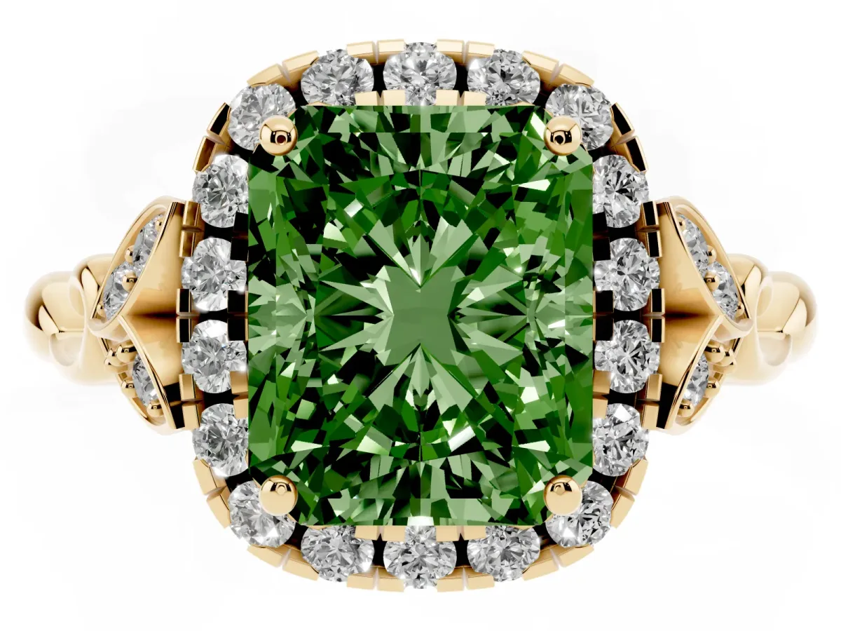 Fancy Green Radiant Cut Halo Diamond Engagement Ring with Vintage-Inspired Band and Four-Prong Setting Yellow gold