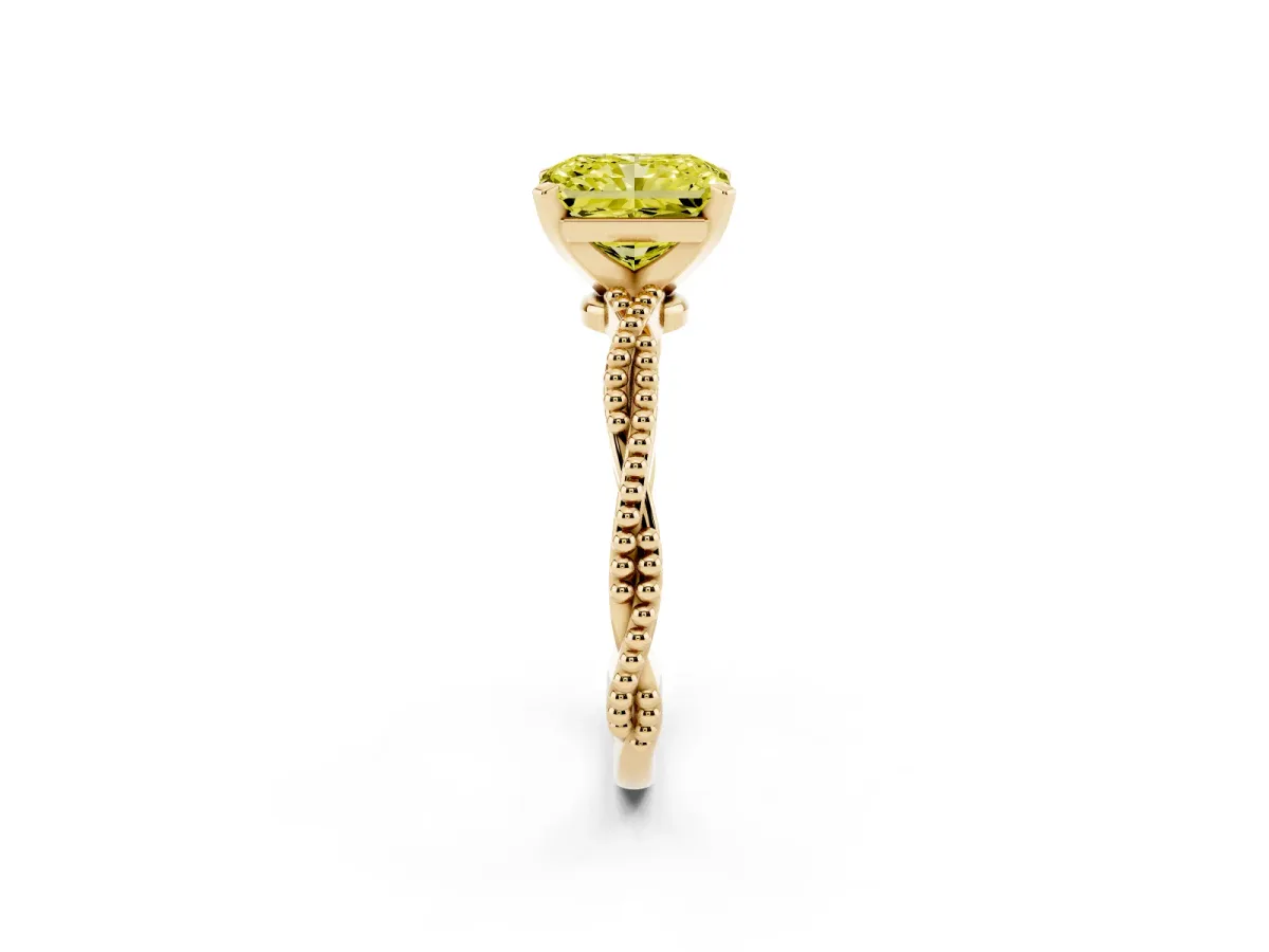 Fancy Yellow Radiant Cut Solitaire Twisted Band with Bead Prong Setting Yellow gold