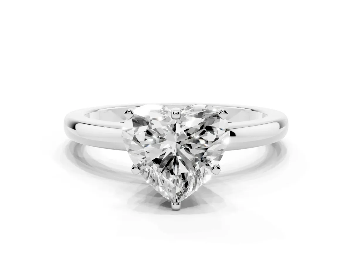 Heart Cut Solitaire Diamond Ring with Six-Prong Setting on a Classic Band Platinum