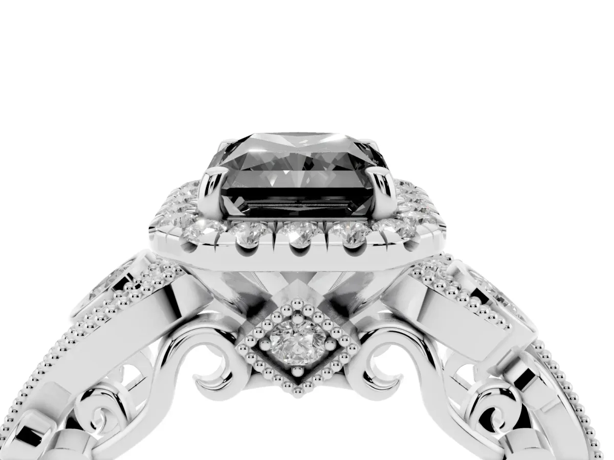 Fancy Black Radiant Cut Halo Diamond Ring with Milgrain and Bezel Accents on a Split Shank Band Silver
