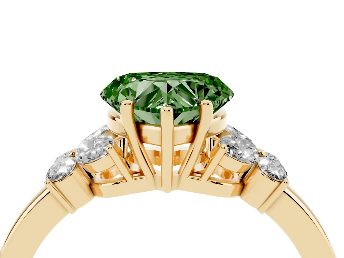 Fancy Green Heart Cut Cut Solitaire Floral Diamond Ring with Four-Prong Setting Yellow gold