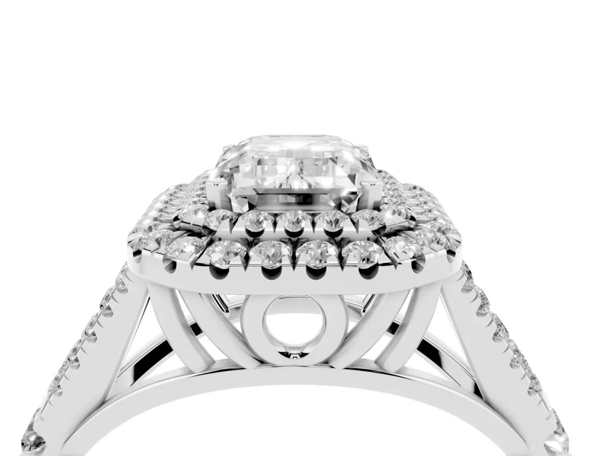 Emerald Cut Diamond Pavé Split Shank Double Halo Engagement Ring Silver