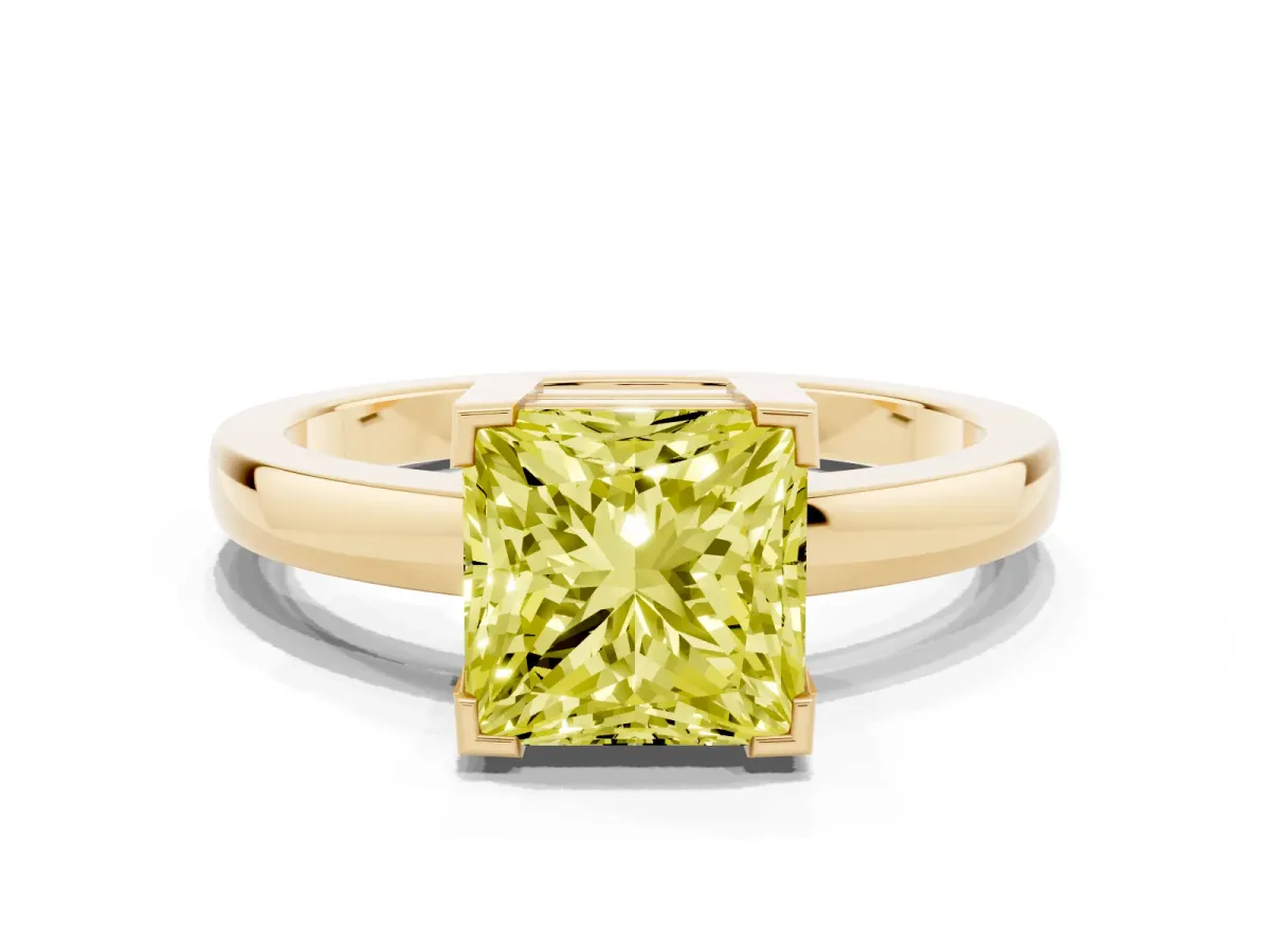 Fancy Yellow Princess Cut Cut Solitaire Ring with Four-Prong Setting and Classic Band Yellow gold
