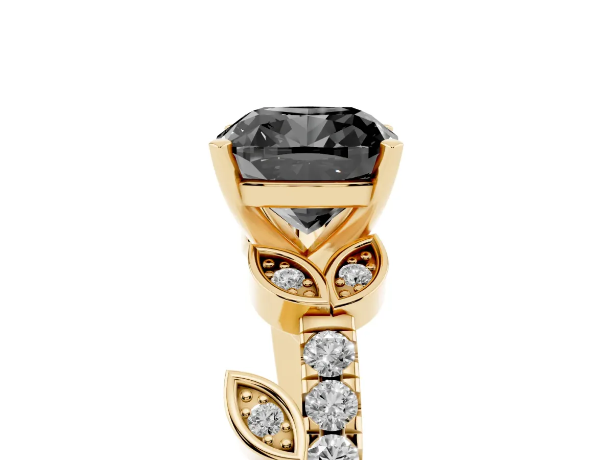 Fancy Black Cushion Cut Solitaire Leaf-Inspired Diamond Ring with Pavé Band and Four-Prong Setting Yellow gold