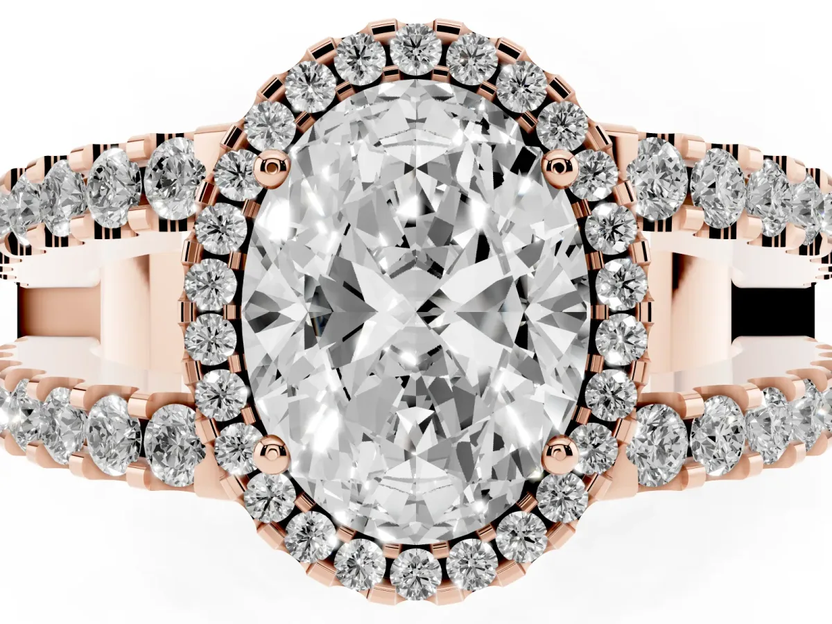 Oval Cut Cut Halo Split Shank Diamond Ring with Four-Prong Setting Rose gold