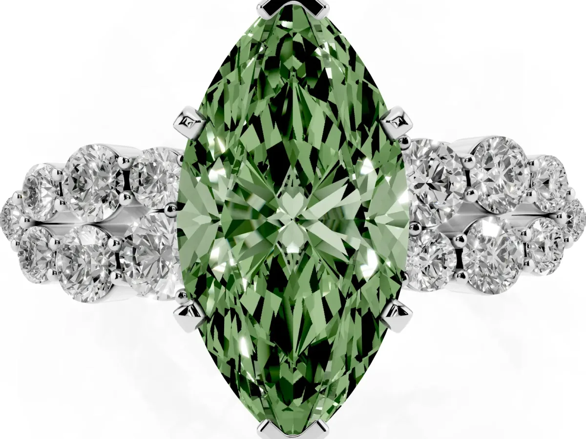 Fancy Green Marquise Cut Cluster Diamond Engagement Ring with Pavé Band and Four-Prong Setting White gold