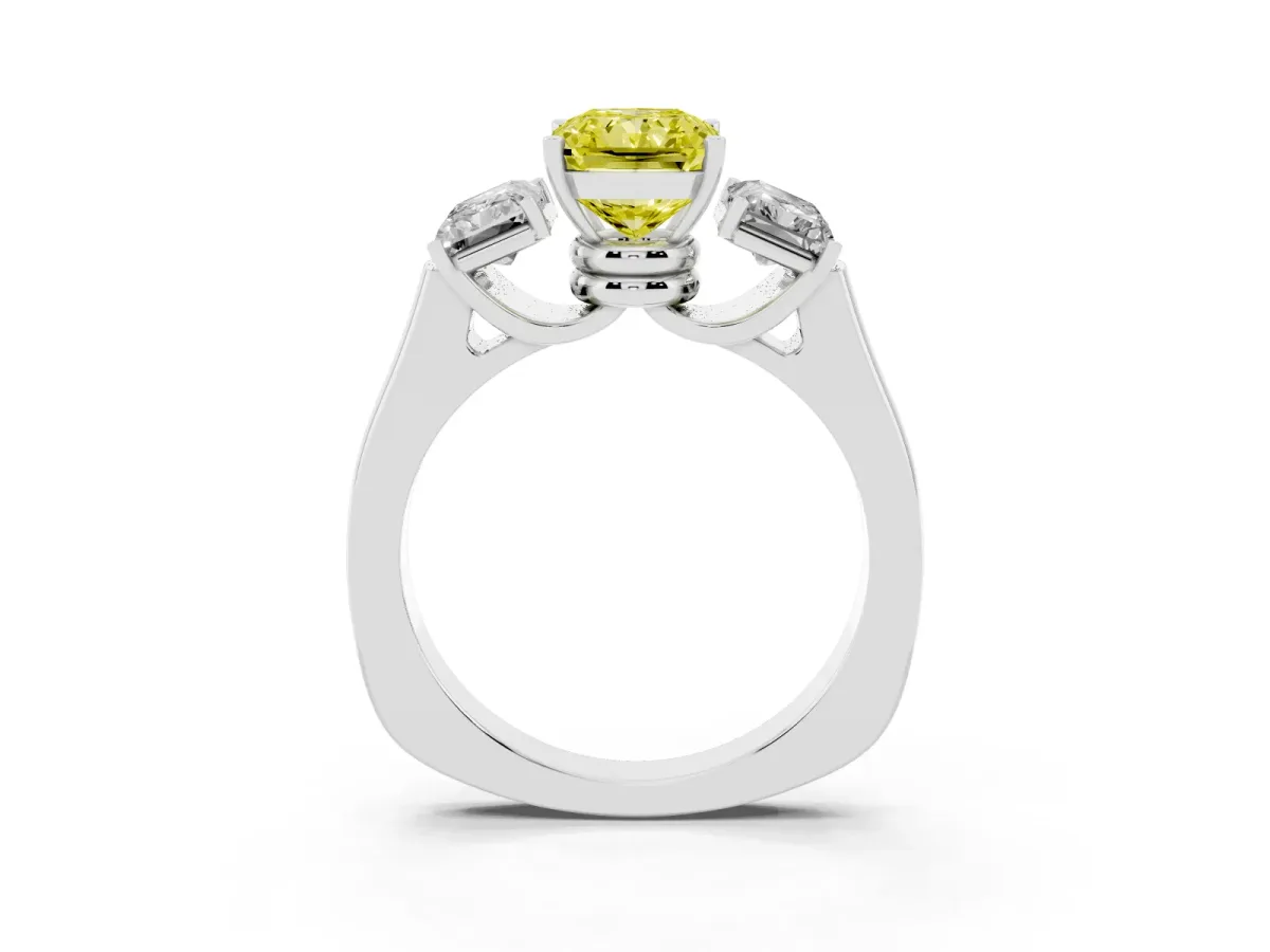 Fancy Yellow Three-Stone Radiant Cut Brilliant Diamond Trellis Ring with Comfort Fit Band Platinum