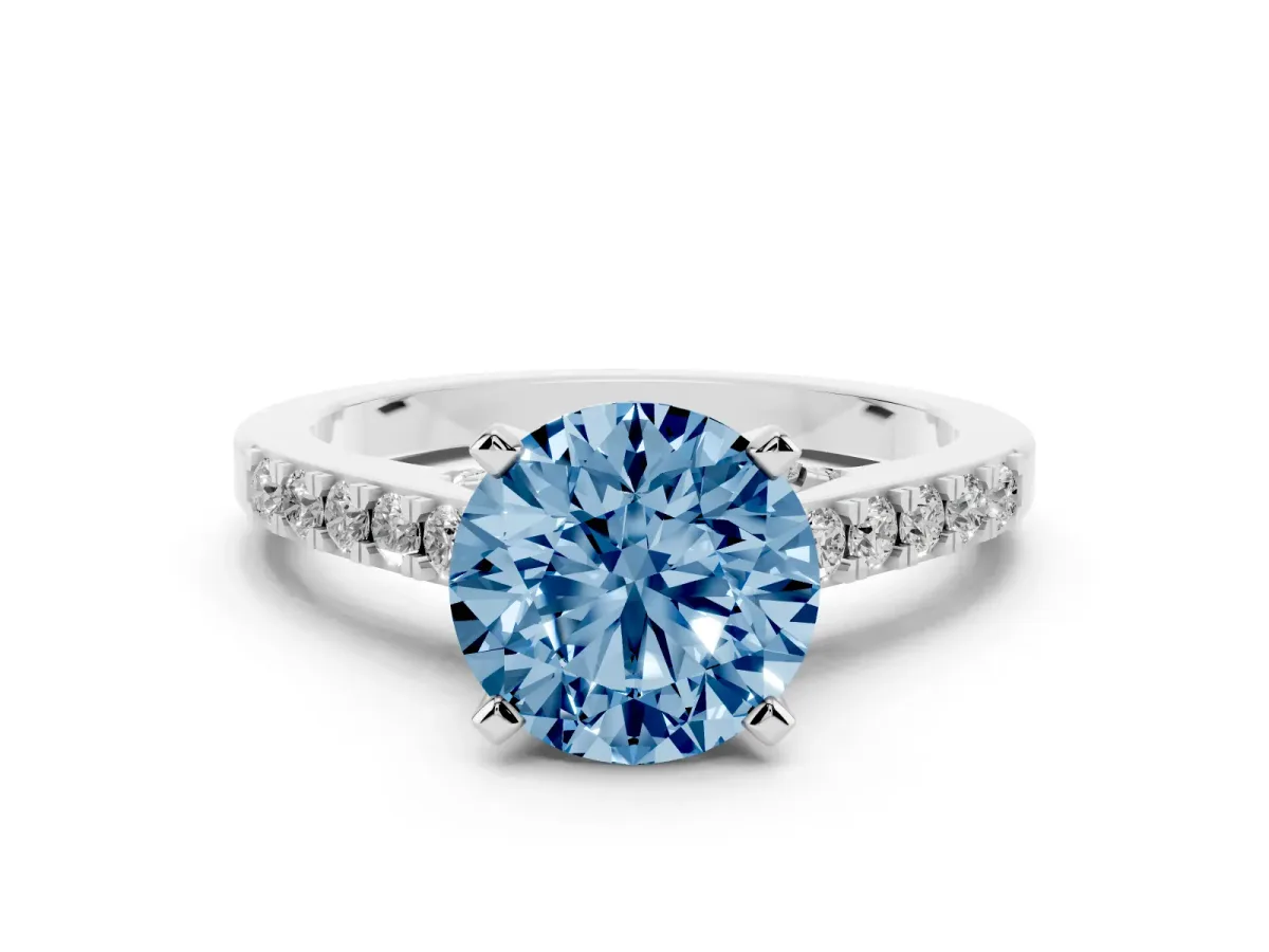 Fancy Blue Round Cut Diamond Solitaire Ring with Crossover Gallery and Round Pavé Band Silver