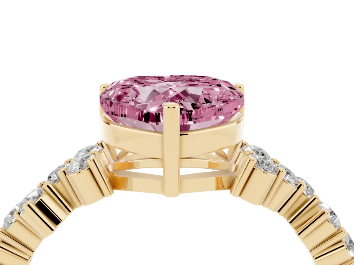 Fancy Pink Heart Cut Diamond Scattered Round Accent Ring with Prong Setting Yellow gold