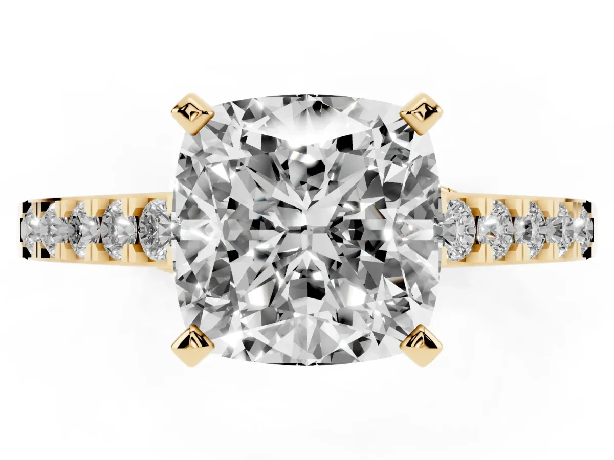 Cushion Cut Diamond Solitaire Ring with Crossover Gallery and Round Pavé Band Yellow gold