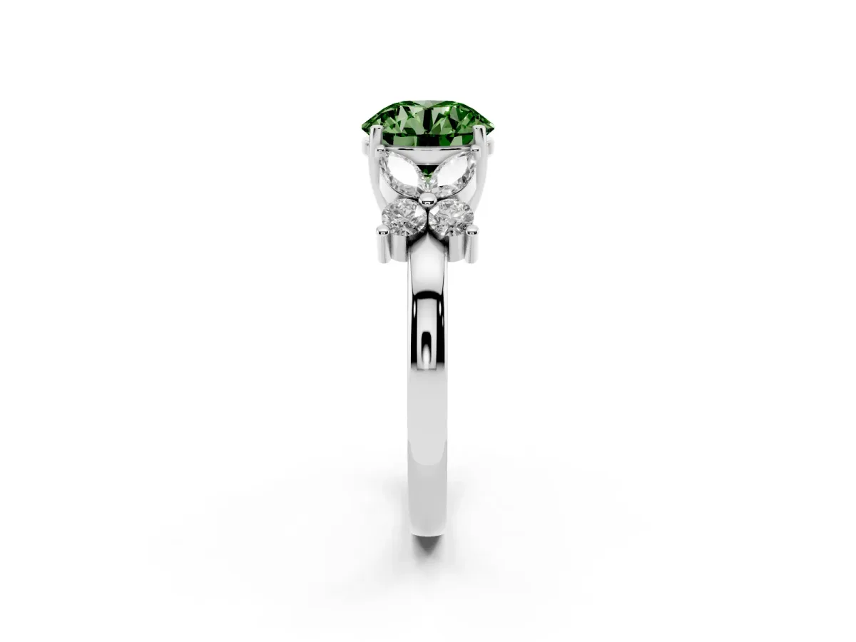 Fancy Green Round Cut Diamond Floral Cluster Ring with Solitaire Band and Prong Setting Silver