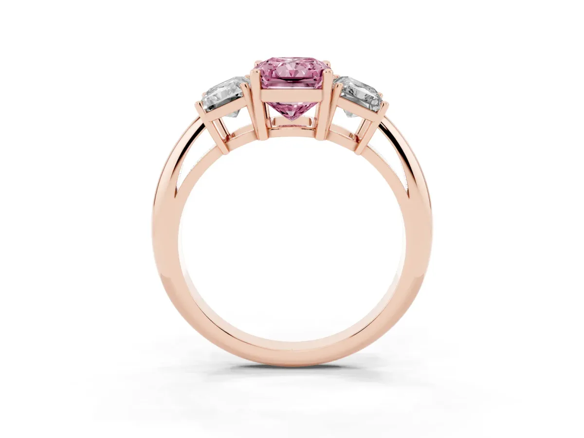 Fancy Pink Three-Stone Radiant Cut Cut Diamond Engagement Ring with Prong Setting on a White Gold Band Rose gold