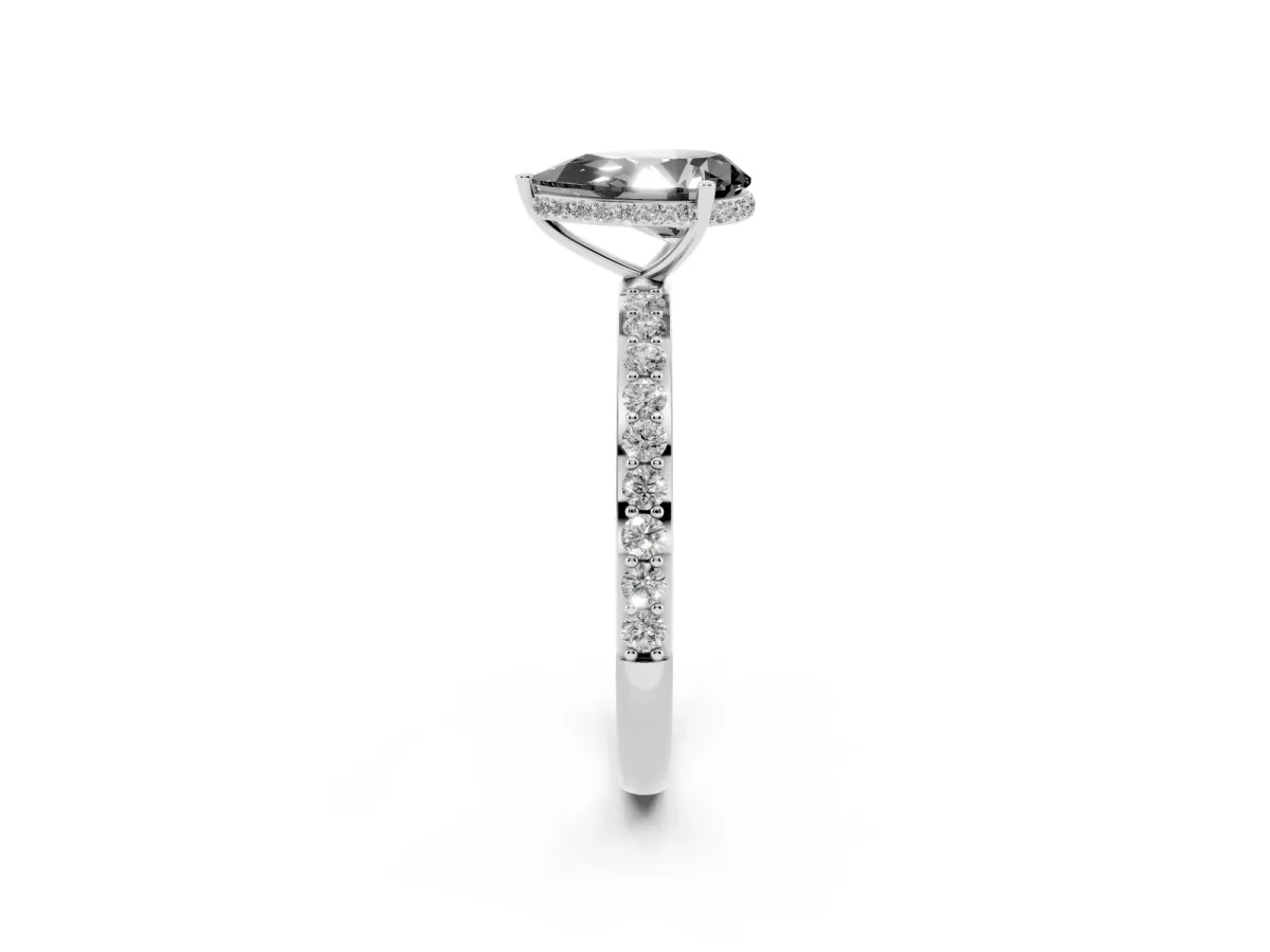 Fancy Black Pear Cut Diamond Solitaire Ring with Pavé Band and Hidden Halo Silver
