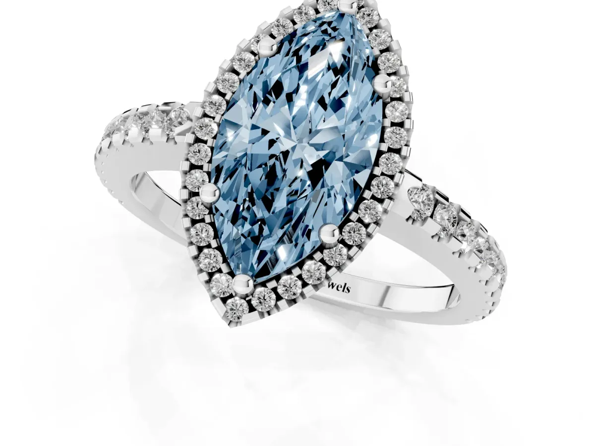 Fancy Blue Marquise Cut Diamond Halo Engagement Ring with Pavé Band and Prong Setting Platinum