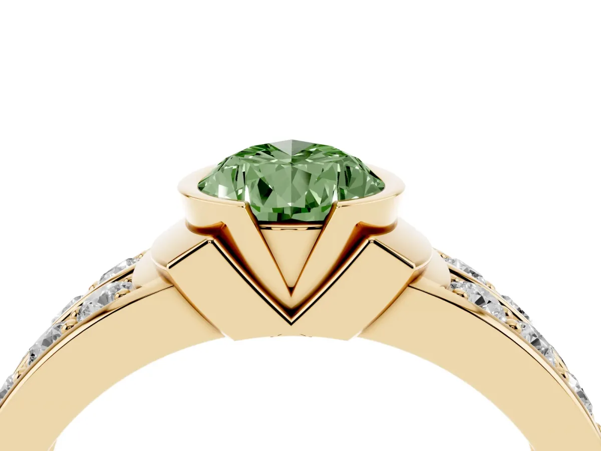 Fancy Green Pear Cut Brilliant Diamond Channel Set Wide Band Ring with Bezel Setting Yellow gold