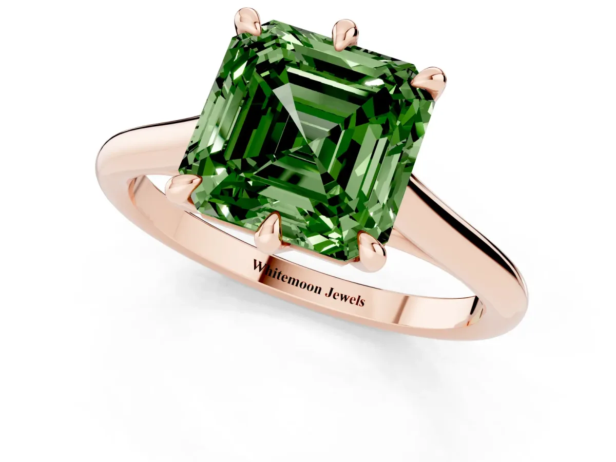 Fancy Green Asscher Cut Solitaire Engagement Ring with Six-Prong Setting and Classic Band Rose gold