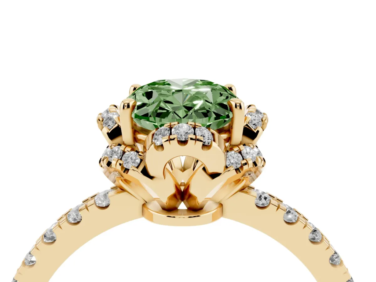 Fancy Green Oval Cut Halo Diamond Pave Band Ring with Four-Prong Setting Yellow gold