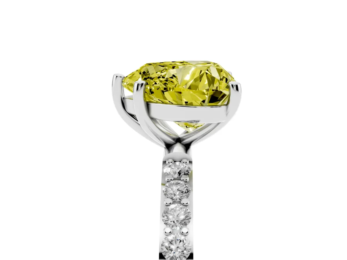 Fancy Yellow Heart Cut Diamond Solitaire Ring with Round Pavé Shoulders and Prong Setting Silver