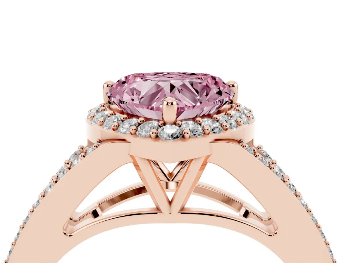 Fancy Pink Heart Cut Halo Split Shank Diamond Ring with Prong Setting Rose gold