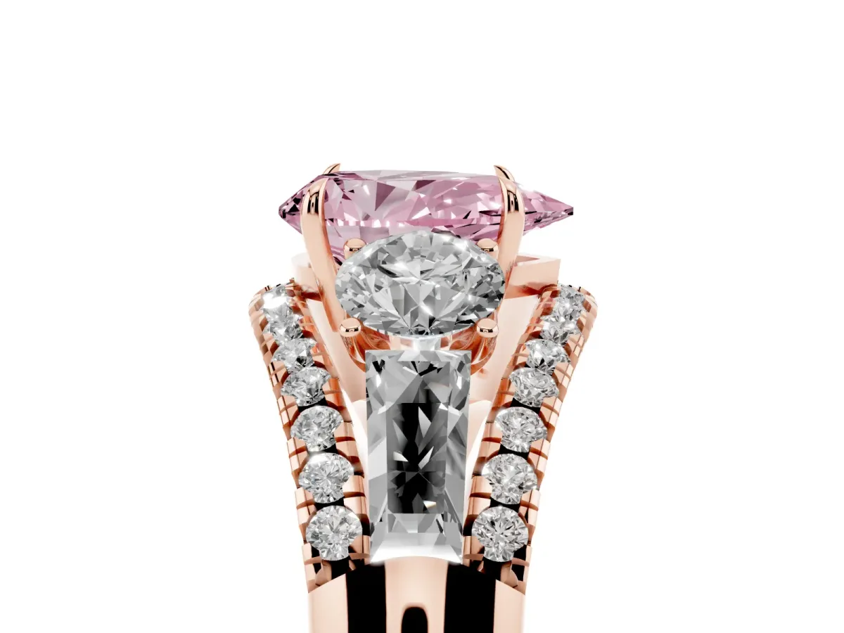 Fancy Pink Three-Stone Pear Cut Diamond Engagement Ring with Pave Band and Prong Setting Rose gold