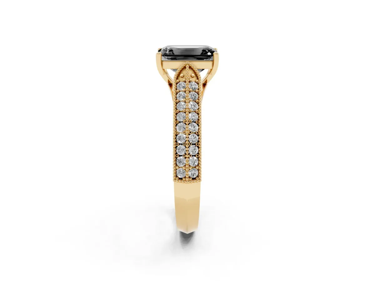 Fancy Black Emerald Cut Cut Pave Split Shank Engagement Ring with Four-Prong Setting Yellow gold