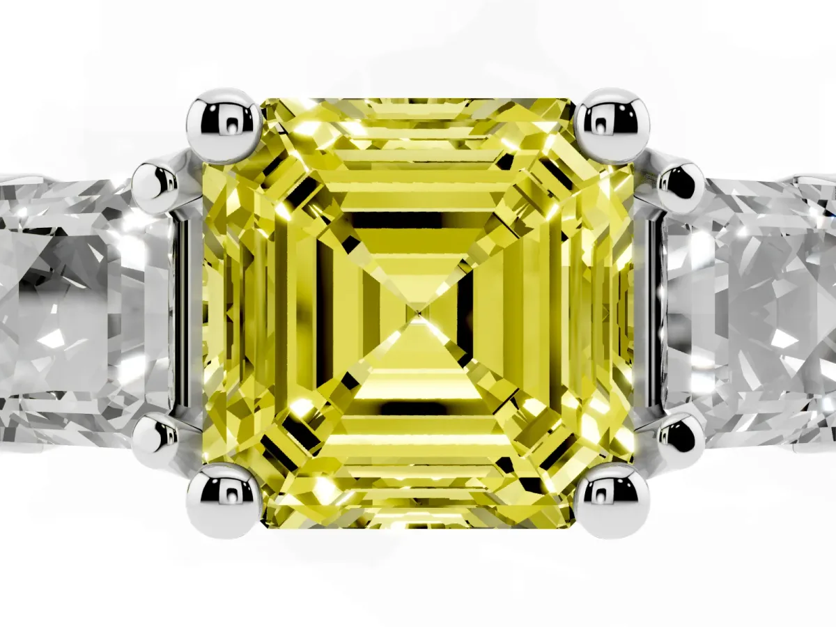 Fancy Yellow Asscher Cut Diamond Three-Stone Ring with Channel Set Band and Four-Prong Setting Silver