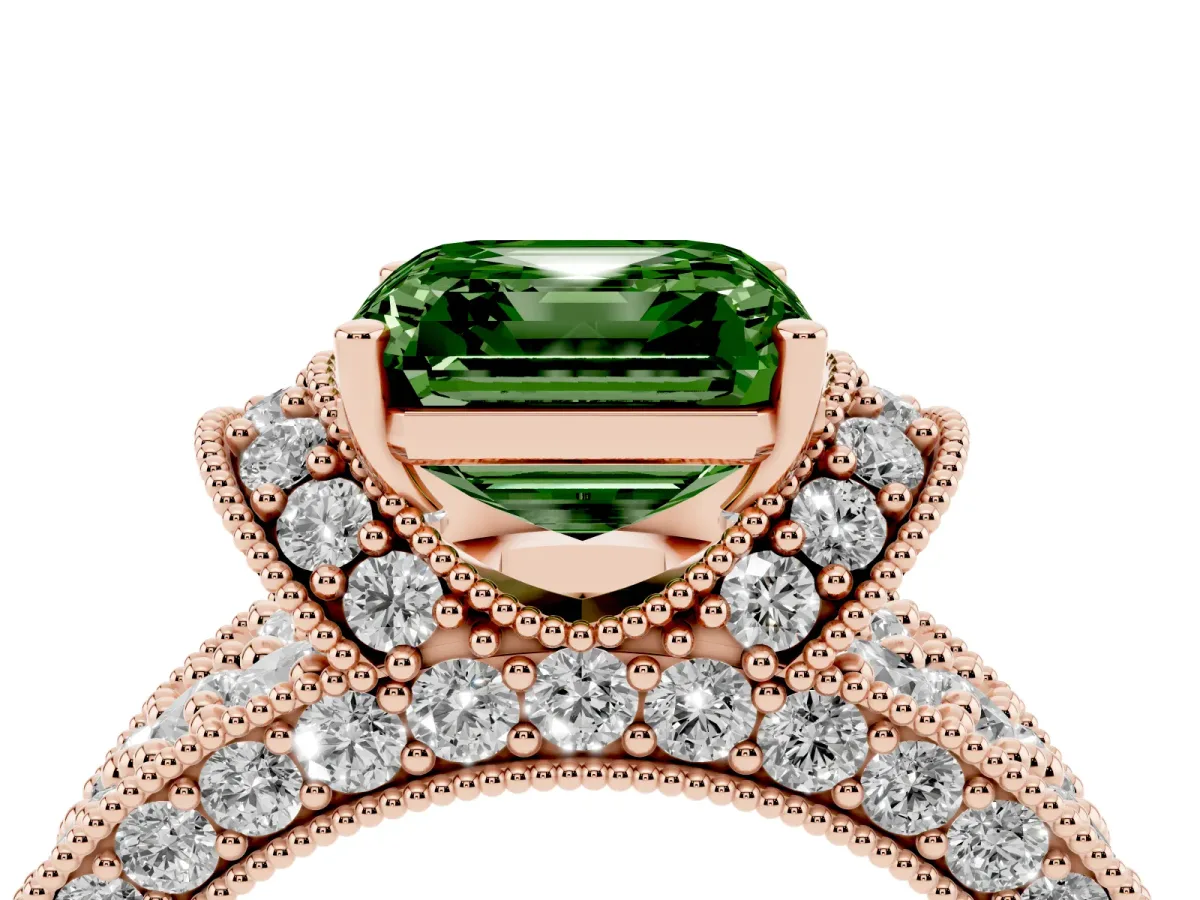 Fancy Green Asscher Cut Halo Pave Diamond Engagement Ring with Milgrain Detailing Rose gold