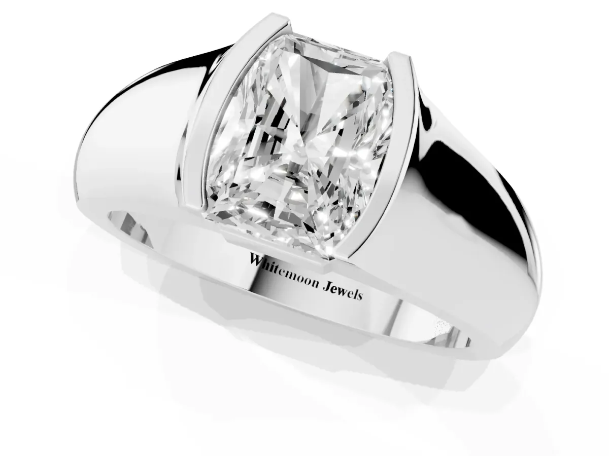 Radiant Cut Solitaire Bezel Set Diamond Ring with Wide Band Platinum