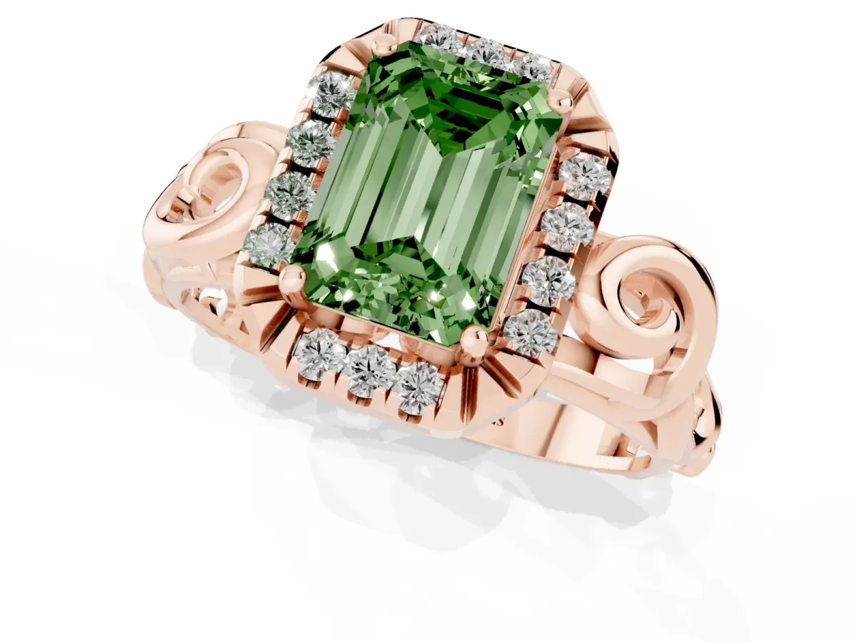 Fancy Green Emerald Cut Cut Halo Diamond Ring with Scrollwork Band and Four-Prong Setting Rose gold