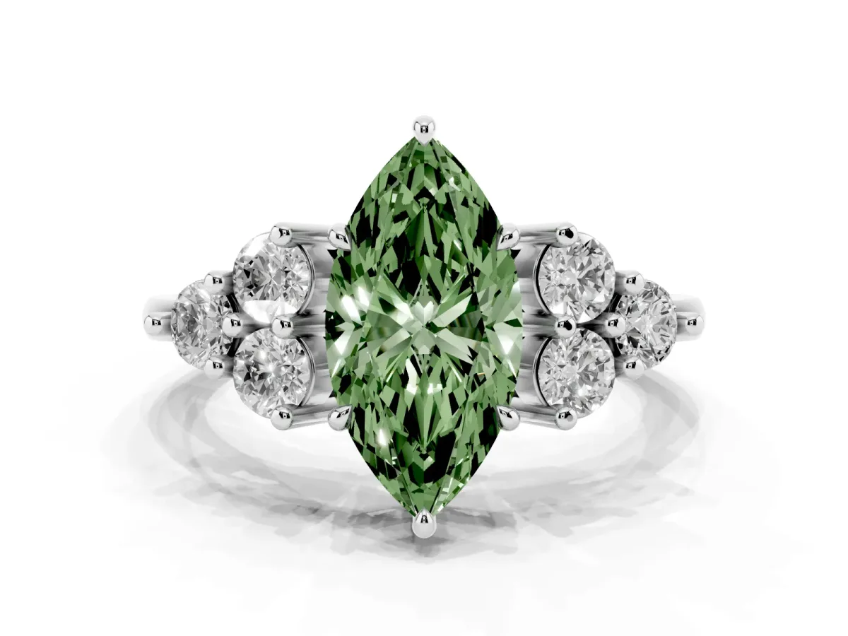 Fancy Green Marquise Cut Brilliant Diamond Cluster Accent Solitaire Ring with Prong Setting Silver