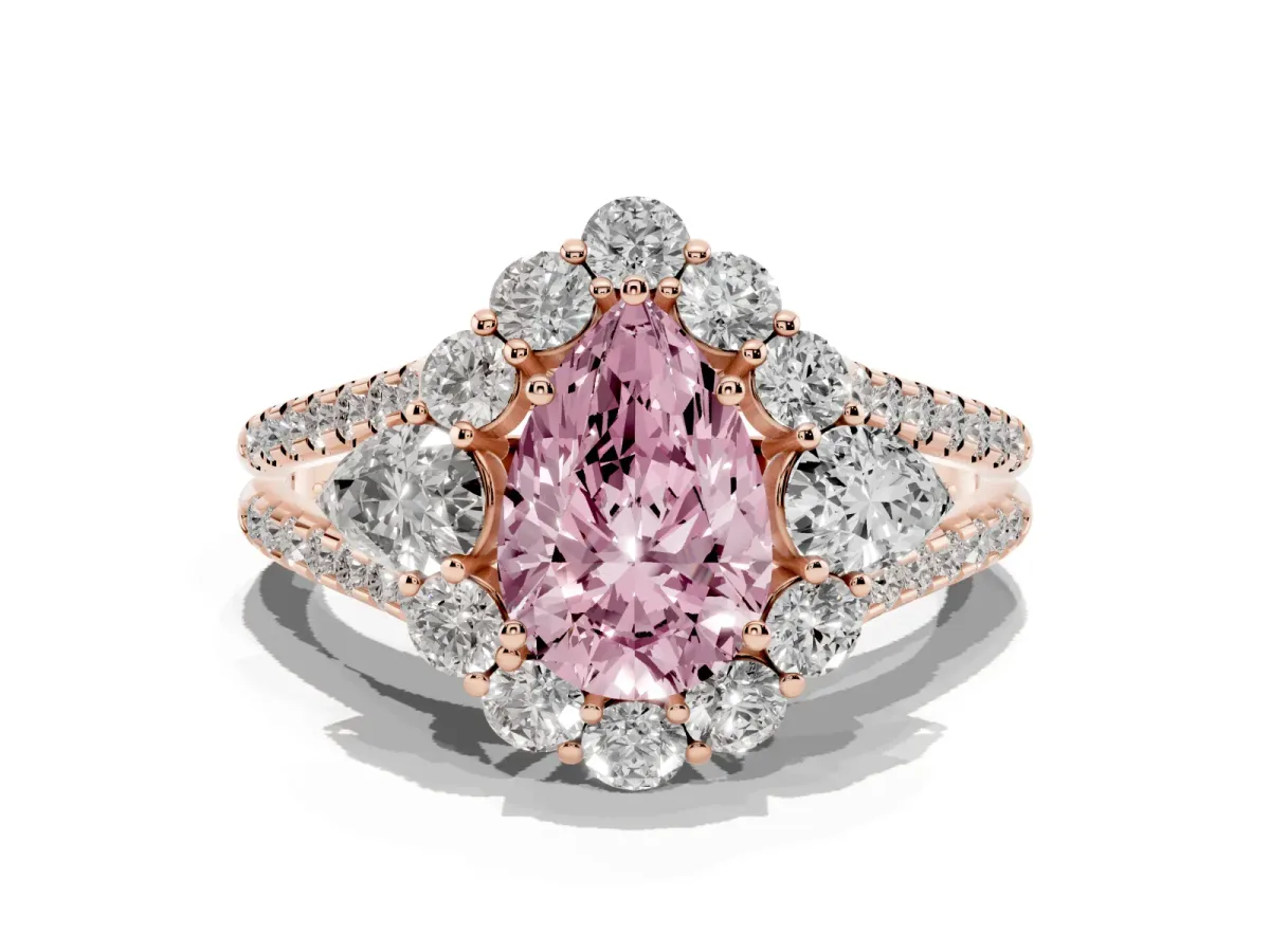 Fancy Pink Pear Cut Halo Split Shank Diamond Engagement Ring with Prong Setting Rose gold