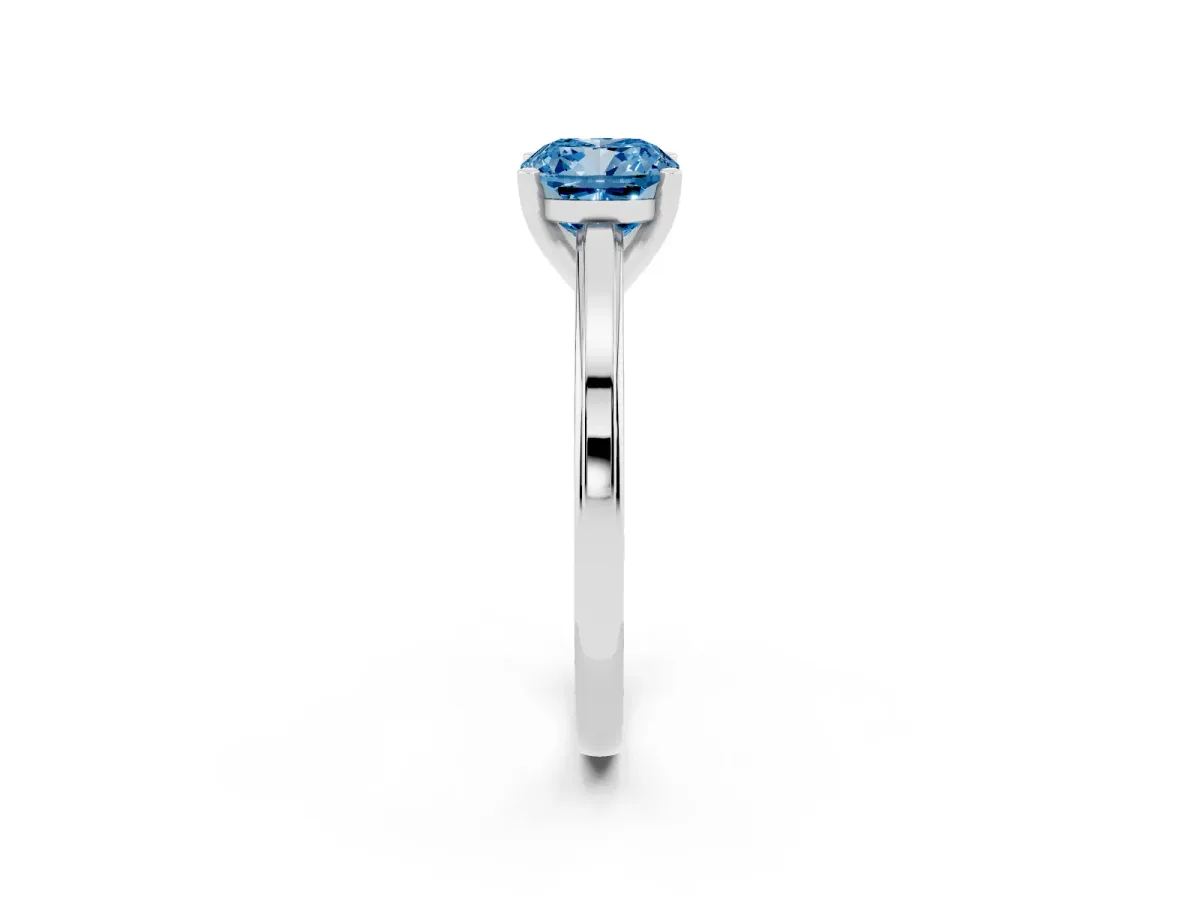 Fancy Blue Cushion Cut Solitaire Diamond Ring with Four-Prong Setting and Classic Band Platinum