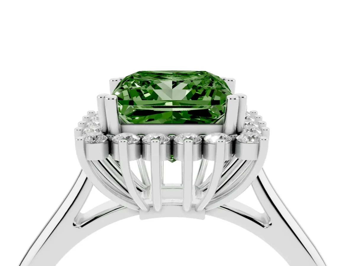 Fancy Green Princess Cut Cut Diamond Halo Ring with Solitaire Band and Prong Setting Silver