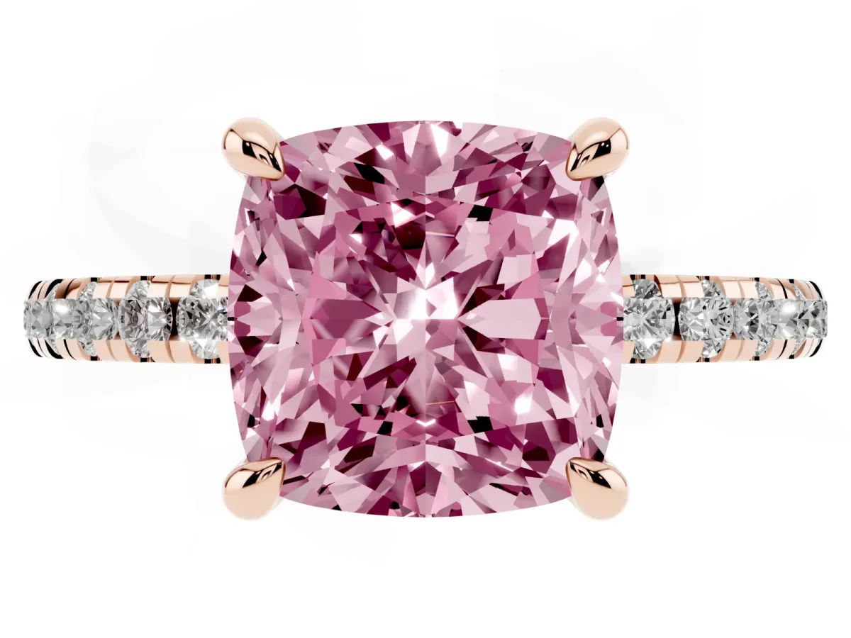 Fancy Pink Cushion Cut Diamond Brilliant Solitaire Ring with Pavé Band and Four-Prong Setting Rose gold