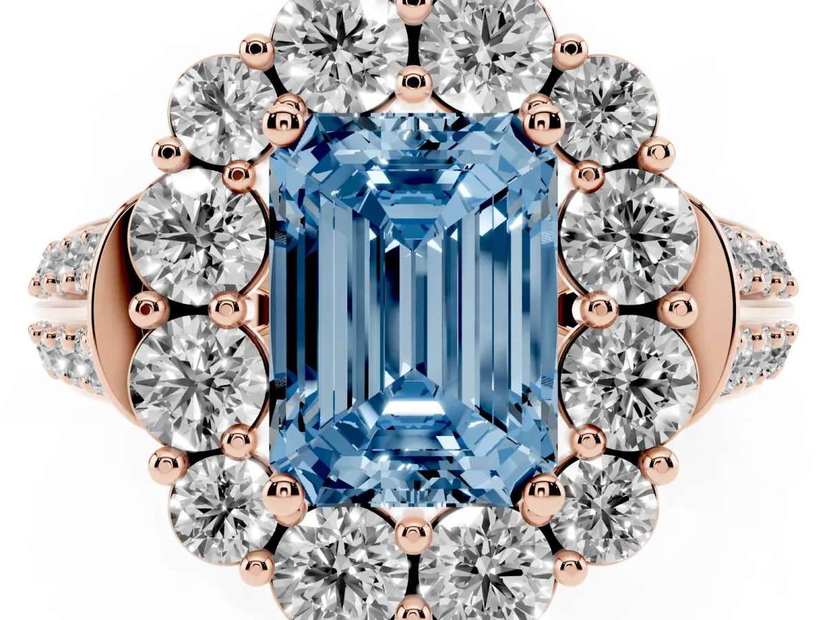 Fancy Blue Emerald Cut Halo Diamond Engagement Ring with Split Shank and Prong Setting Rose gold