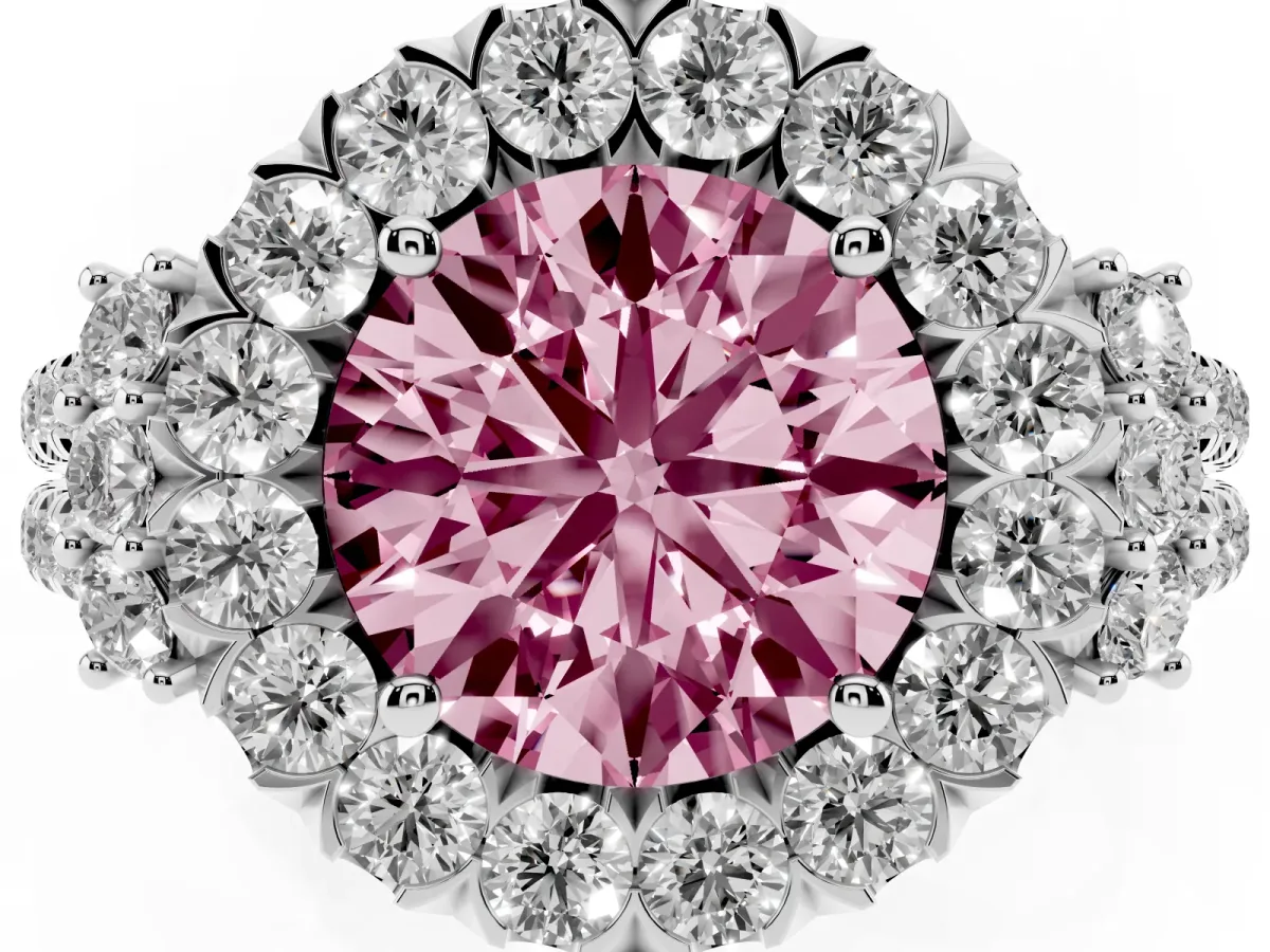Fancy Pink Round Cut Cut Double Halo Diamond Engagement Ring with Pave Band and Four-Prong Setting Platinum