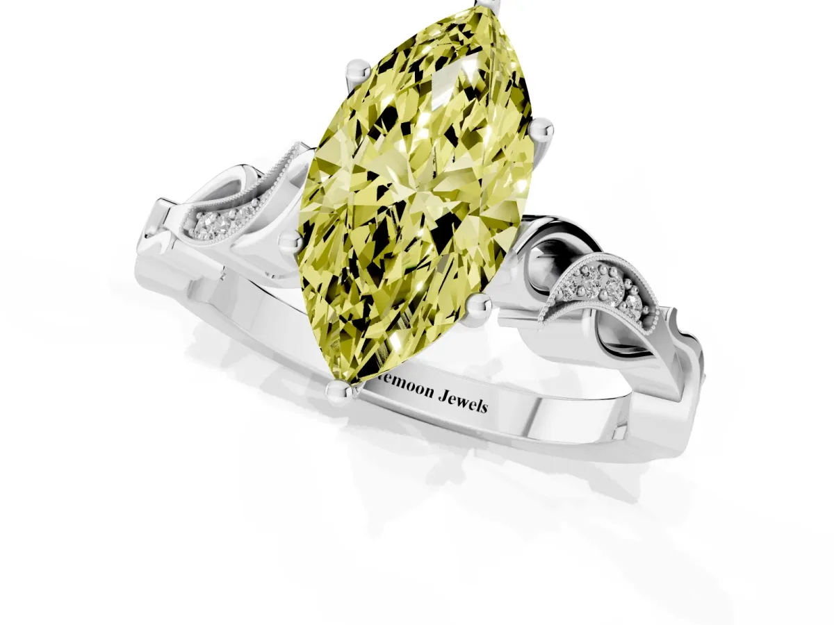 Fancy Yellow Marquise Cut Solitaire Vine Band with Milgrain Prong Setting Silver