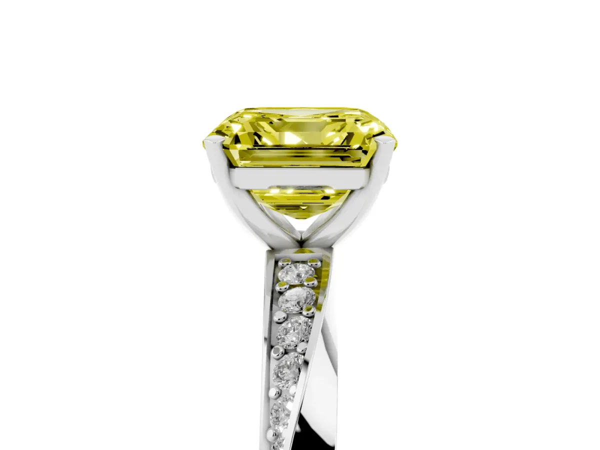 Fancy Yellow Asscher Cut Diamond Engagement Ring with Side Stone Accents and Four-Prong Setting Silver