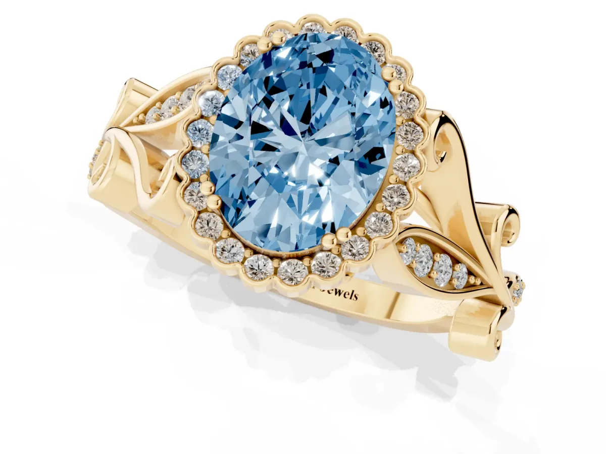 Fancy Blue Oval Cut Diamond Halo Ring with Vintage Split Shank and Four-Prong Setting Yellow gold