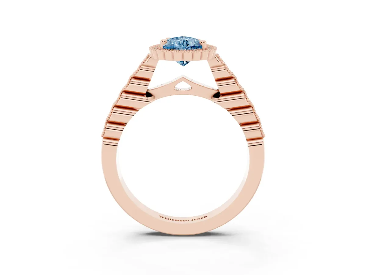 Fancy Blue Pear Cut Cut Halo Pavé Solitaire Ring with Milgrain Band Rose gold
