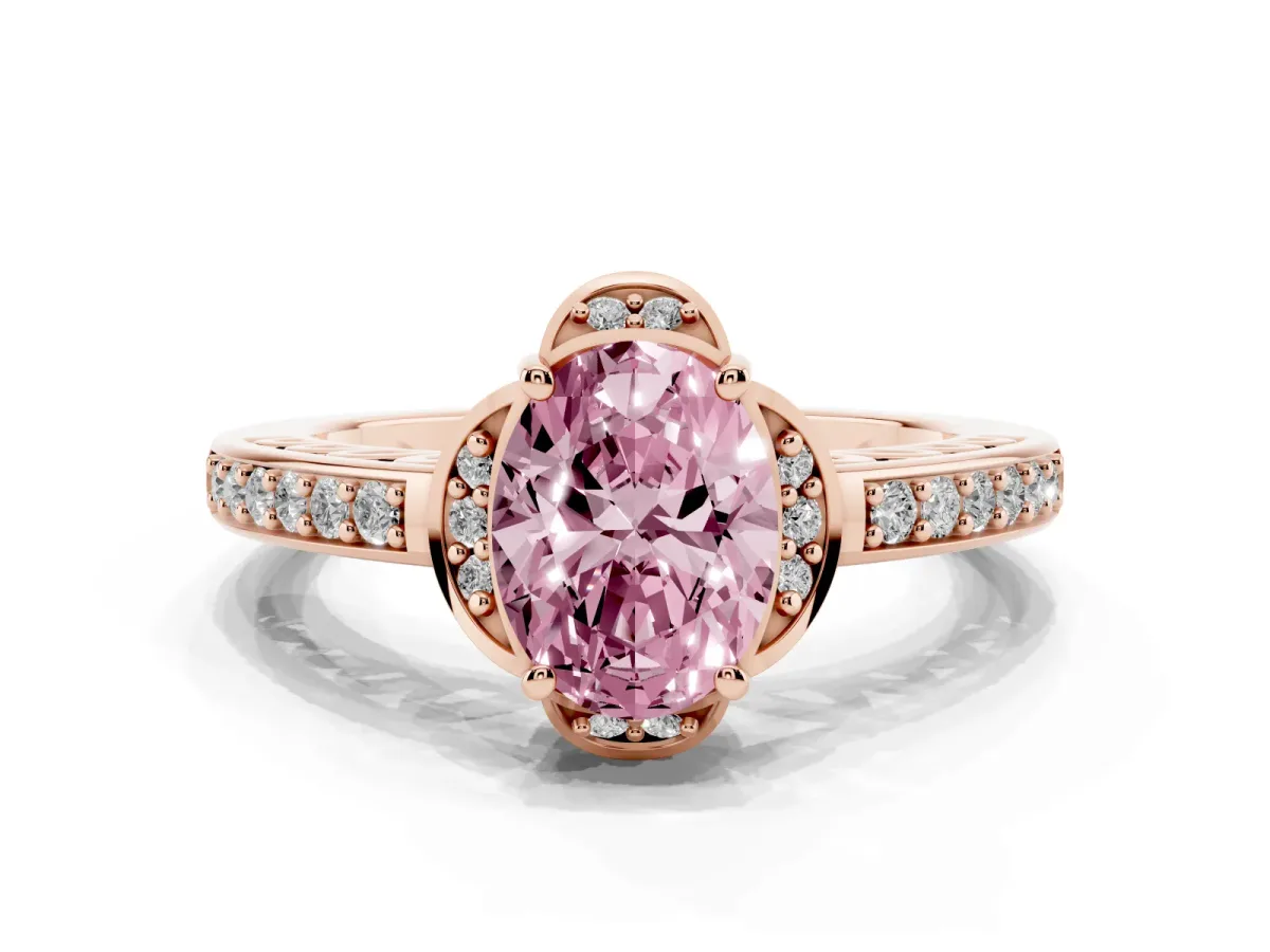 Fancy Pink Oval Cut Cut Halo Diamond Ring with Channel Set Band and Four-Prong Setting Rose gold