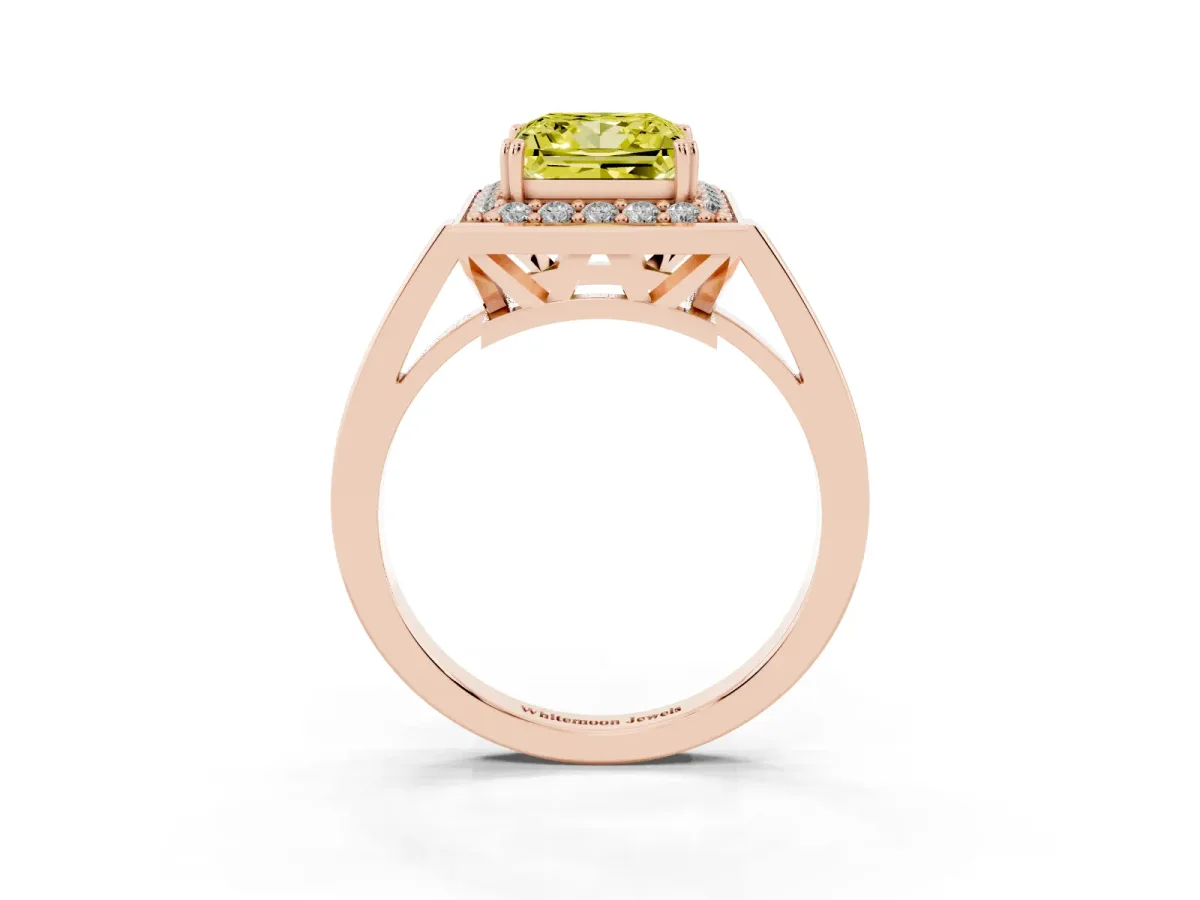 Fancy Yellow Princess Cut Diamond Halo Ring with Split Shank and Four-Prong Setting Rose gold