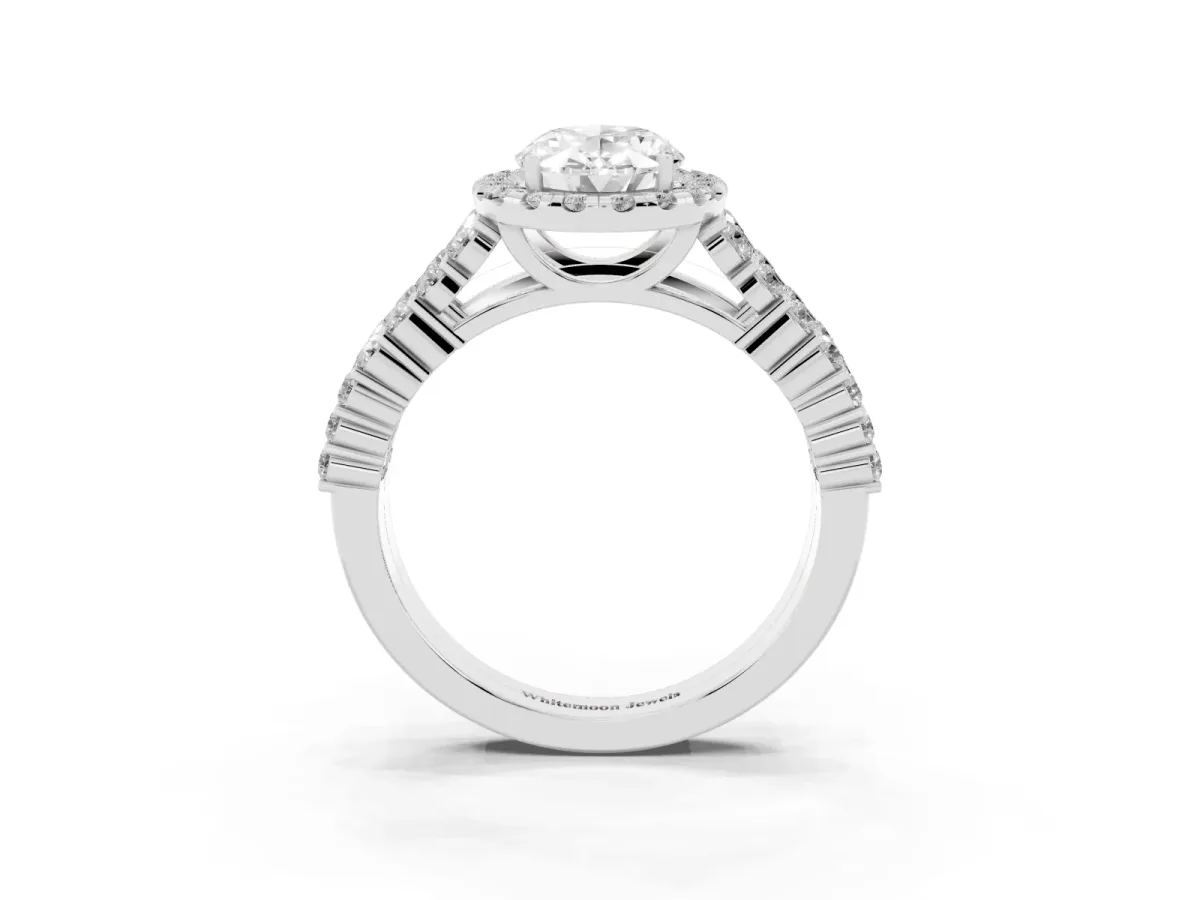 Oval Cut Diamond Halo Engagement Ring with Triple Row Round Pavé Band and Prong Setting Platinum