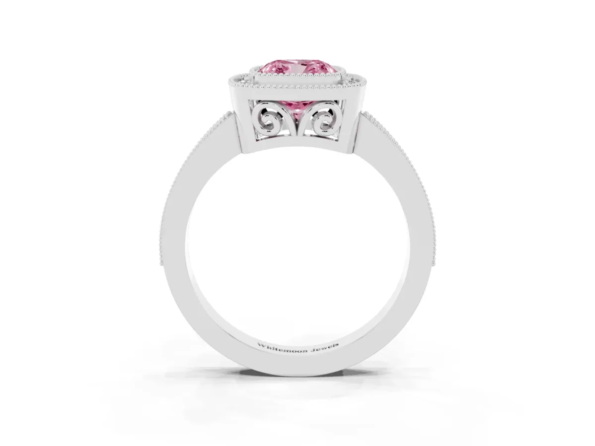 Fancy Pink Cushion Cut Cut Halo Diamond Ring with Pavé Band and Milgrain Prong Setting Platinum