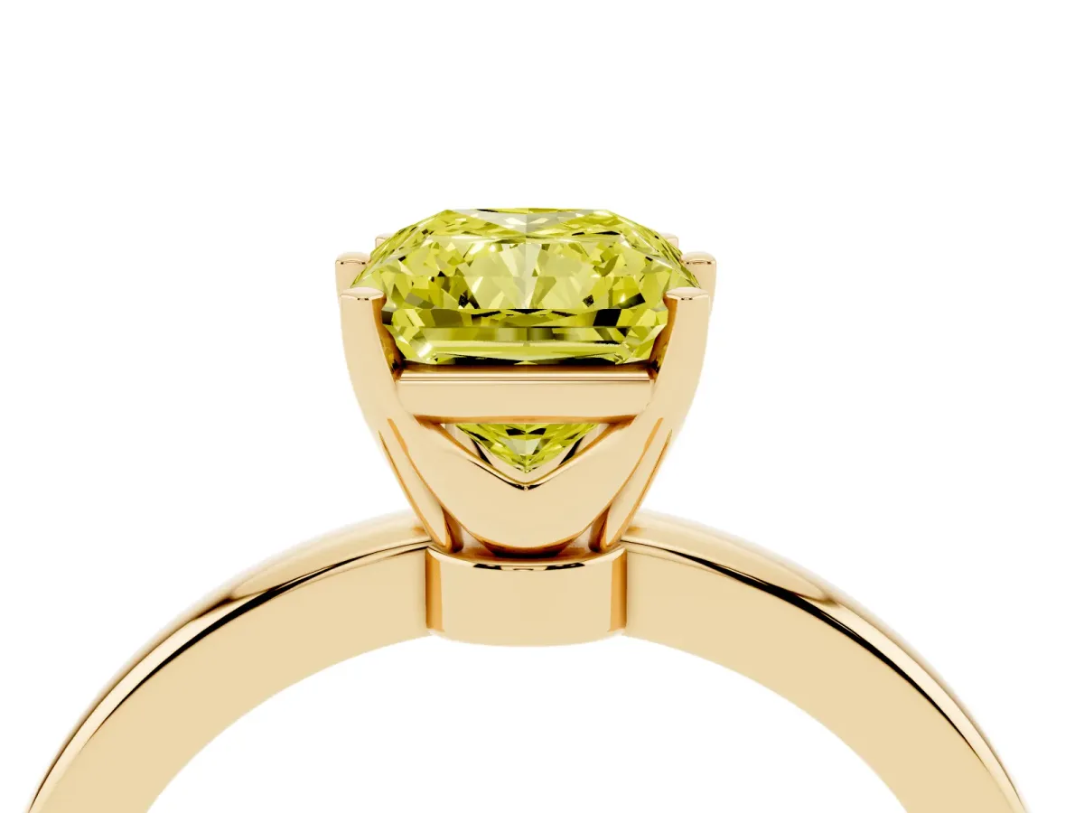 Fancy Yellow Radiant Cut Solitaire Diamond Ring with Six-Prong Setting on a Classic Band Yellow gold