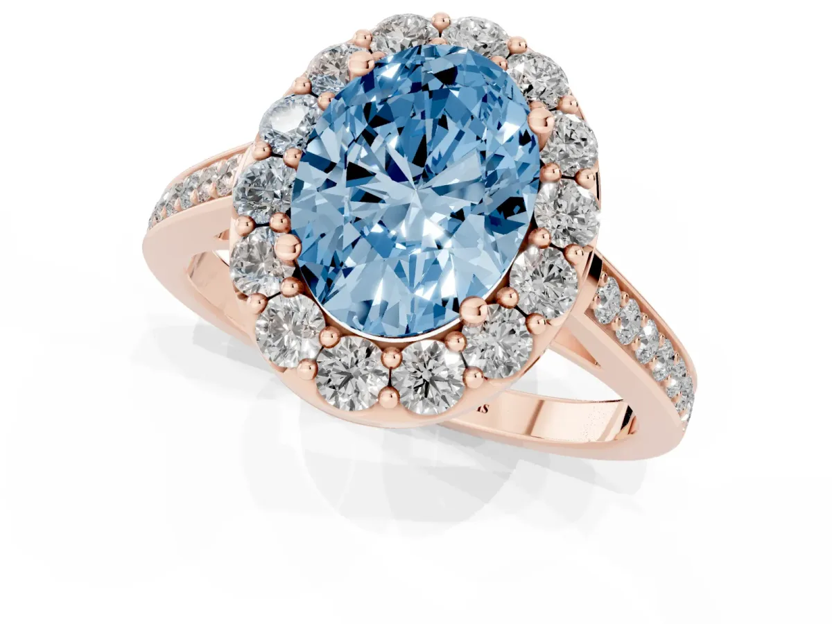 Fancy Blue Oval Cut Diamond Floral Halo Ring with Pavé Band and Prong Setting Rose gold