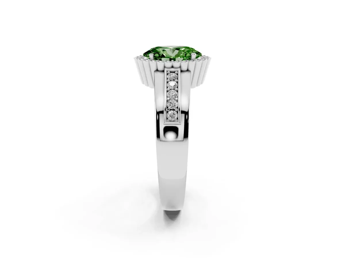 Fancy Green Oval Cut Cut Halo Pave Band Four-Prong Ring Silver