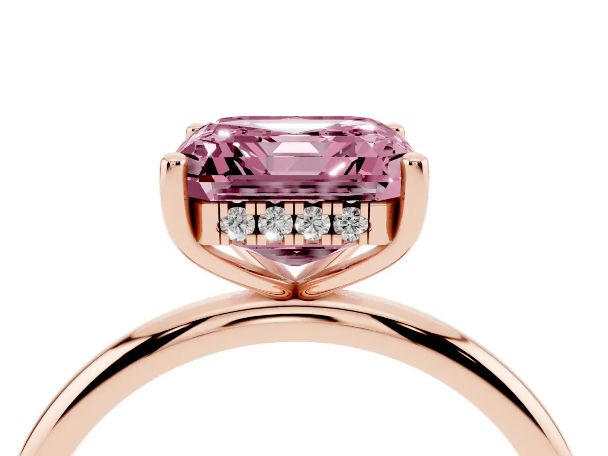 Fancy Pink Asscher Cut Cut Solitaire Engagement Ring with Four-Prong Setting and Classic Band Rose gold